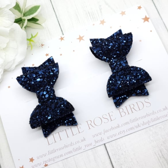 Image of Navy Blue Glitter Pigtail Bows
