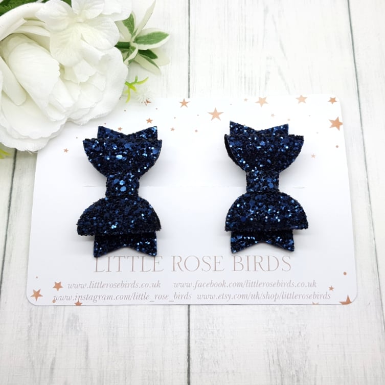 Navy Blue Glitter Pigtail Bows