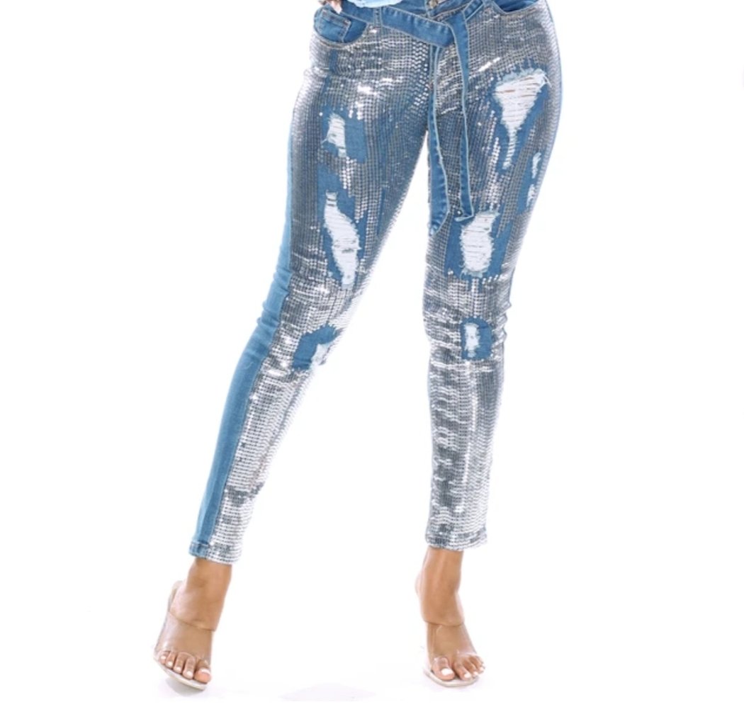 High Waisted Front Sequins Jeans | Chic By Ishica