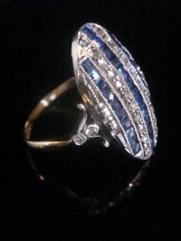 Image 2 of Edwardian 18ct yellow gold platinum calibre cut sapphire and diamond panel ring