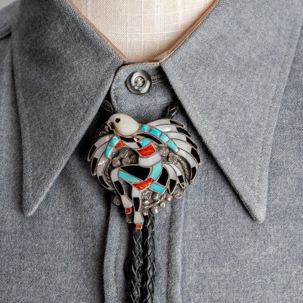 Image of Zuni Eagle Dancer Bolo Tie  by John Lucio Silversmith Turquoise MOP Coral inlay on Sterling Silver