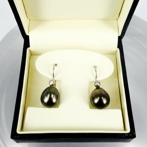 Image of 18ct white gold Tahitian Pearl & Diamond drop earrings. E1
