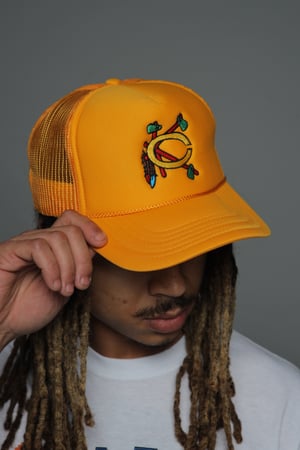 Image of Colbert klan Indian styled trucker hat. 