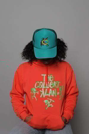 Image of Colbert klan Indian styled trucker hat. 