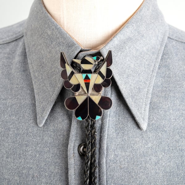 Image of Zuni Inlay Thunderbird Bolo Tie by A. Dishta Zuni Silversmith Large with Turquoise, Shell, MOP 