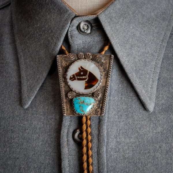 Image of Zuni Horse Head Bolo Tie by Isabel Simplicio with large Turquoise Stone on Sterling Silver