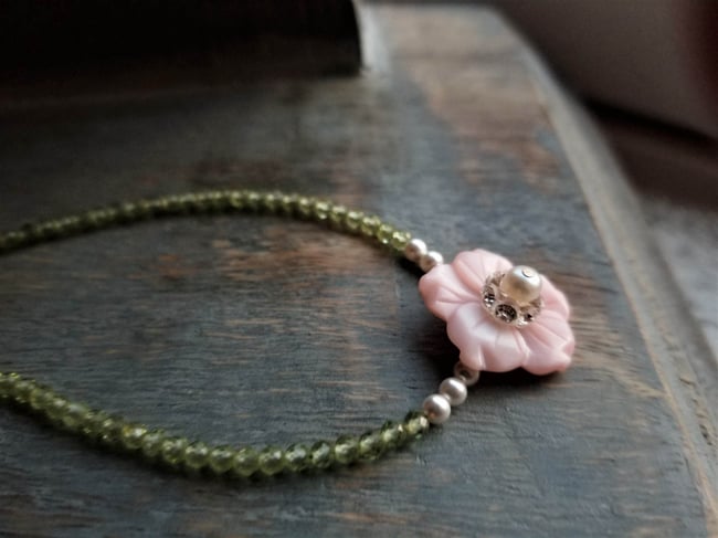 Pretty Pink Posie on Peridot Necklace