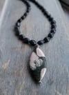 Pink Rhodonite and Gray Marquise Pendant on Charcoal Tablet Necklace (One of a Kind)