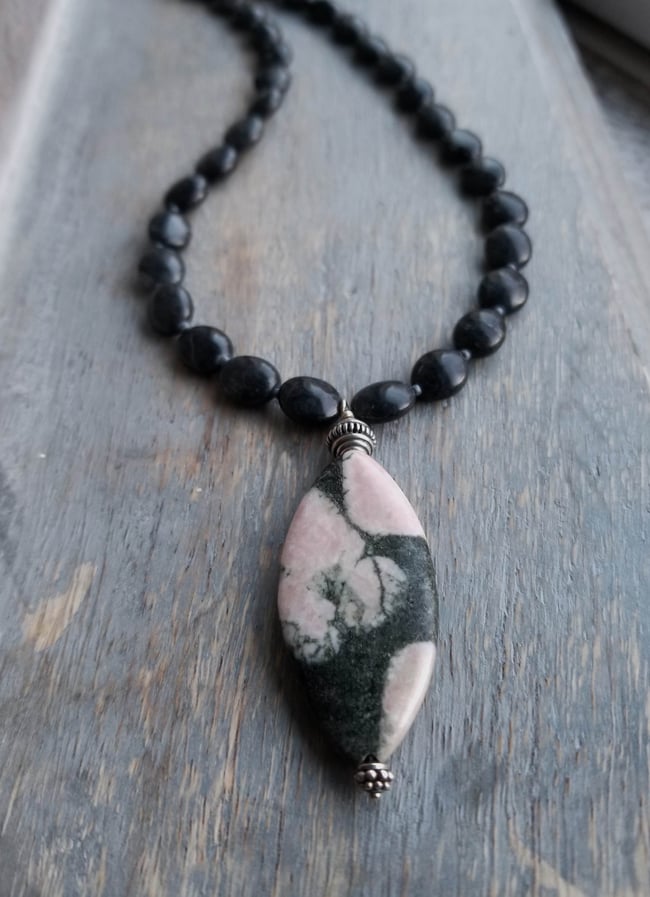 Pink Rhodonite and Gray Marquise Pendant on Charcoal Tablet Necklace (One of a Kind)