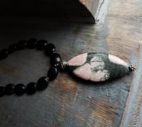 Image 2 of Pink Rhodonite and Gray Marquise Pendant on Charcoal Tablet Necklace (One of a Kind)