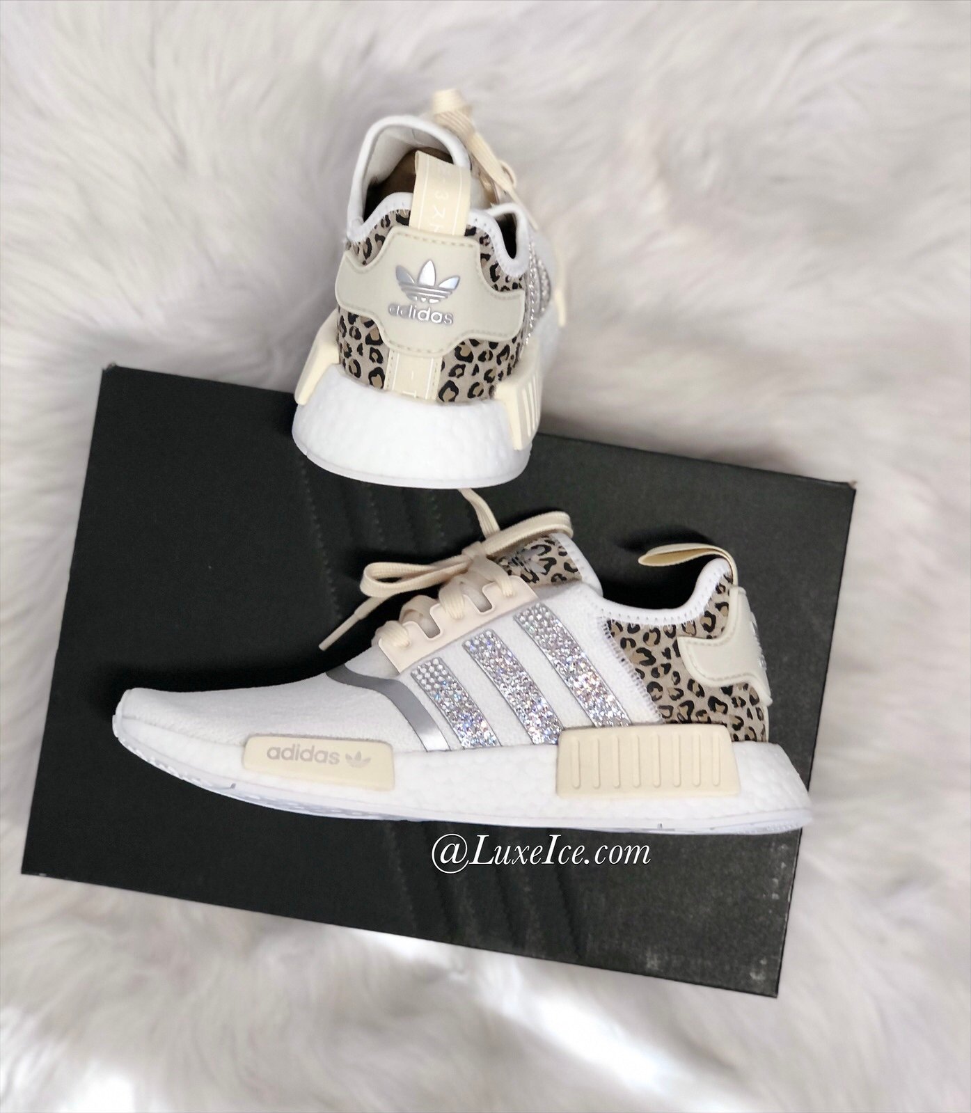 Adidas Nmd R1 Womens Running Casual Shoes Animal Cheetah Print Customized With Swarovski Crystals Luxe Ice
