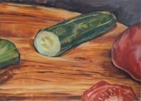 Image 1 of Last of the Home -Grown Cucumbers, still life oil painting