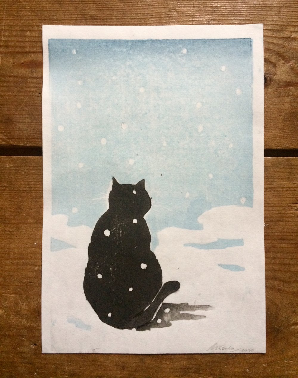 Image of 雪の中の猫 'Yuki no naka no neko' Woodblock Print