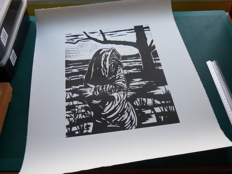 Badb Catha (2) - Linoprint by Paul Watson