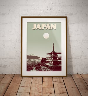 Image of Japan Print | Vintage poster Japan Mt. Fuji | Pagoda Chureito | Travel Poster | Gift | Green
