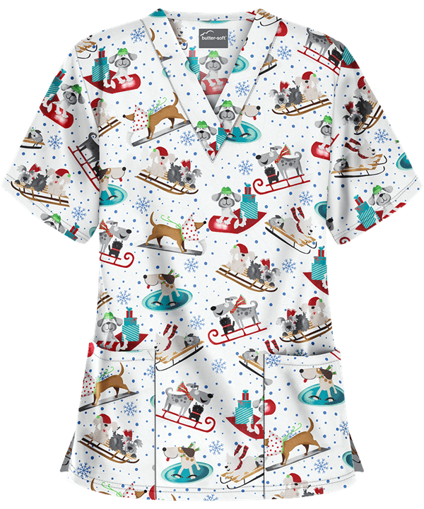 Sleighing Puppies White V-Neck Print Scrub Set