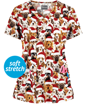 Holiday Pups Red Rounded V-Neck Print Scrub Set