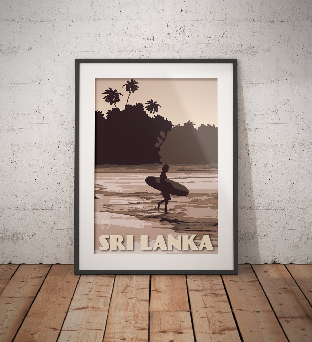Image of Vintage Poster Sri Lanka - Surfer on the Beach - Purple - Fine Art Print