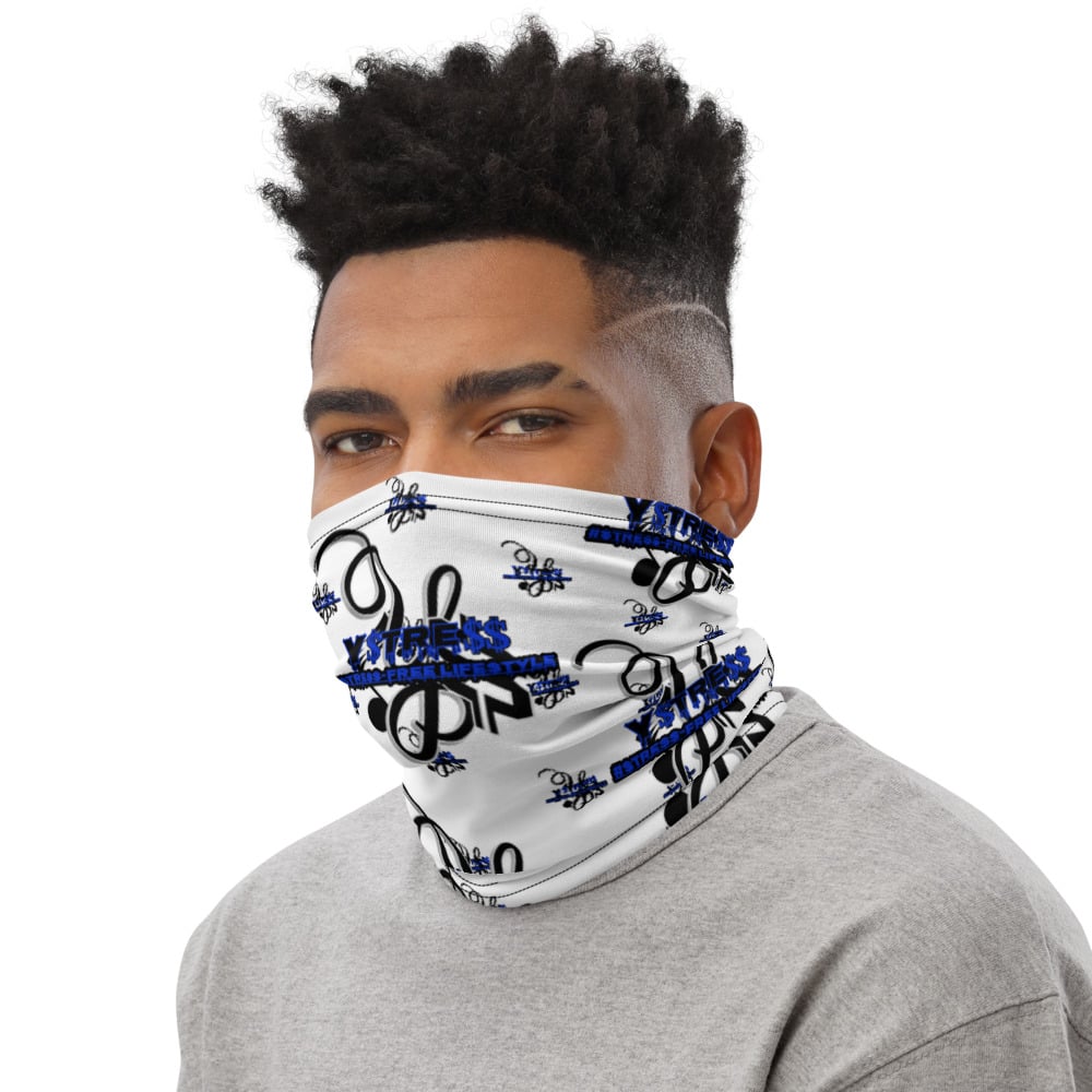 Image of YStress Exclusive Stress-Free (White) Blue and Black Neck Gaiter/Mask/Headband