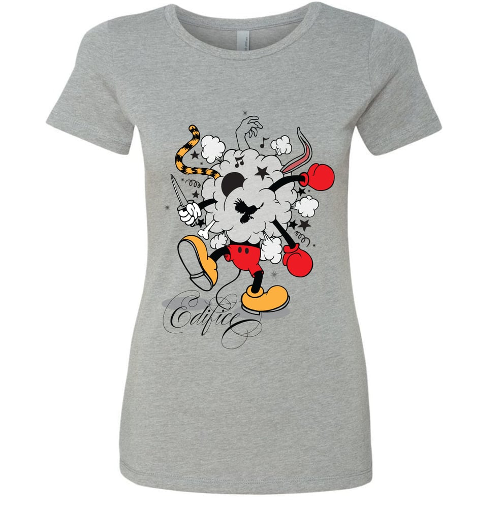 Image of EDIFICE CLOTHING BATTLE OF THE TOONS WOMANS 4 COLOR HAND PRINTED SHORT SLEEVE 