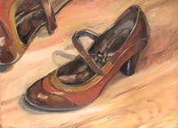 Image 1 of Brown Mary Janes, still life oil painting