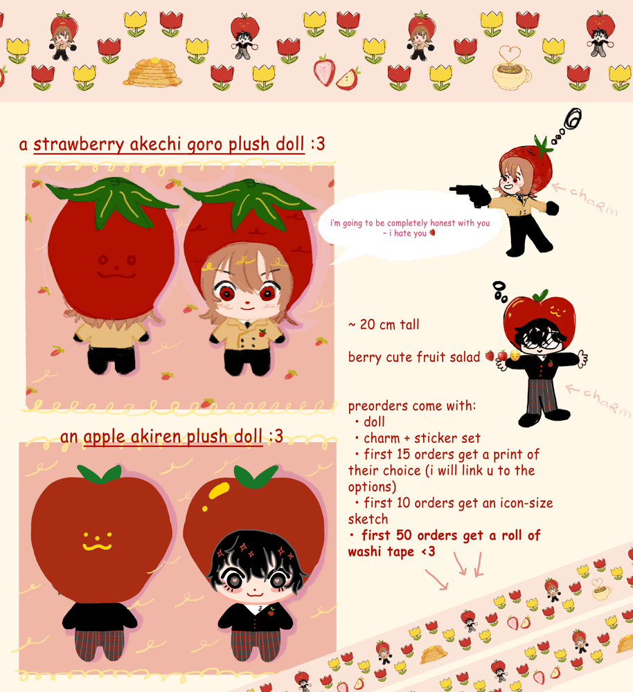 Image of 🍓PREORDER (SOLO/PAIR): Strawberry Akechi and Apple Akiren Doll Set