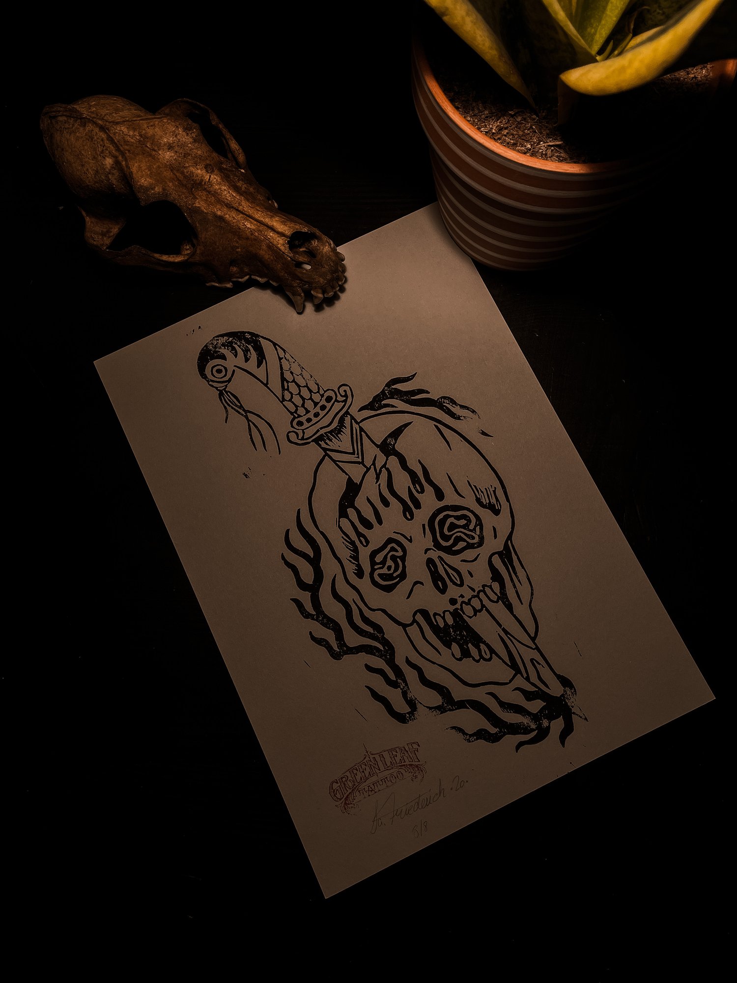 Image of Skull   Linocut Print 