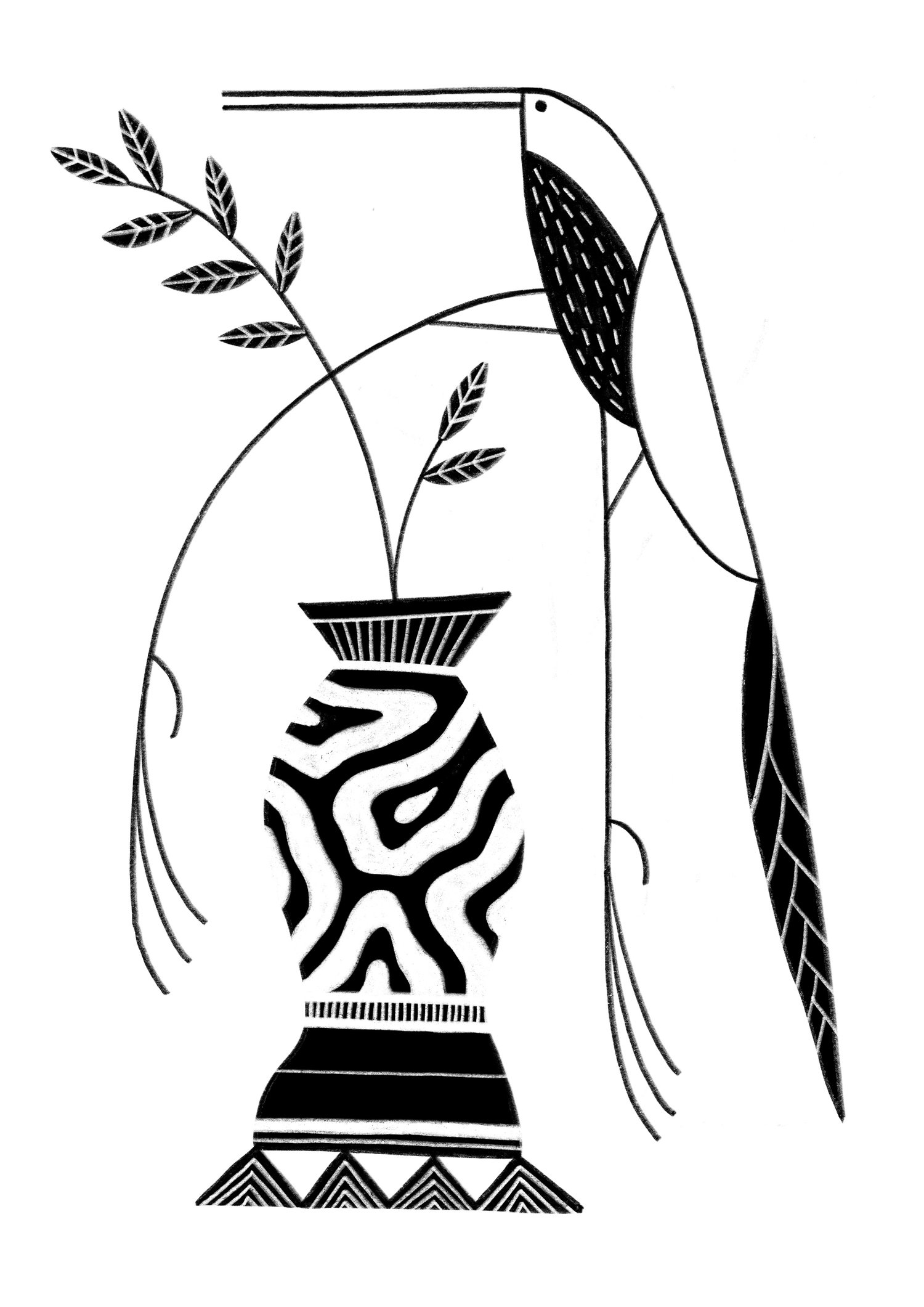 A pot, a bird and a plant