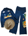 early 70s denim appliqué trouser suit