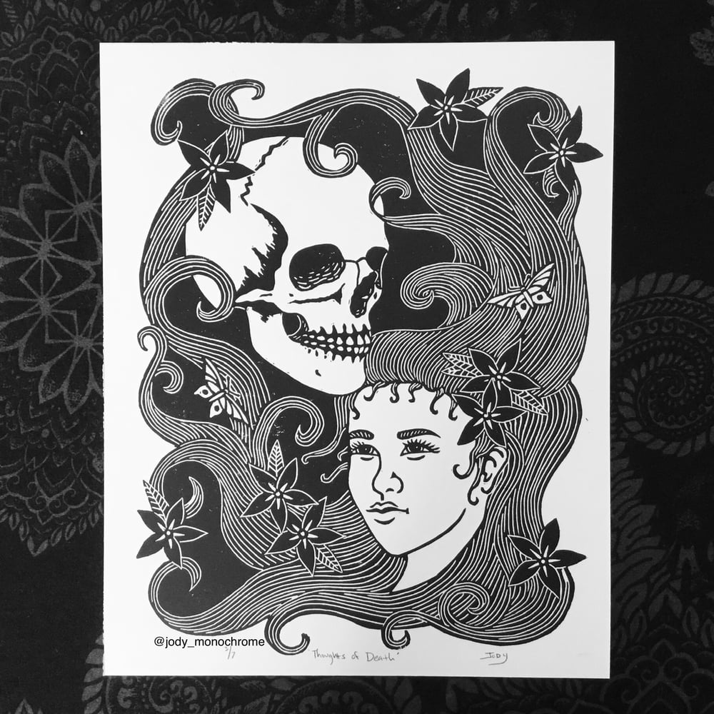 “Thoughts of death” linocut print