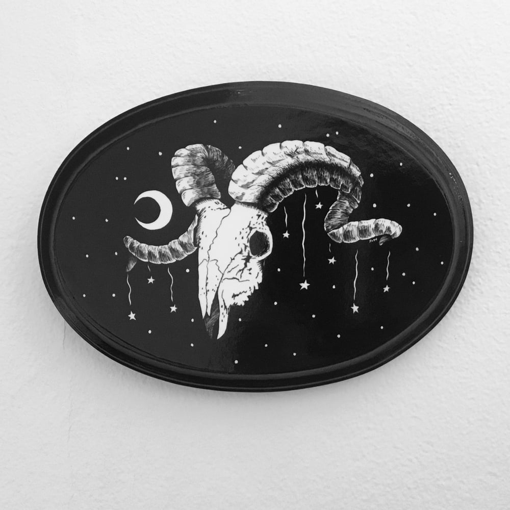 Ram skull moon and stars enhanced print on wooden plaque