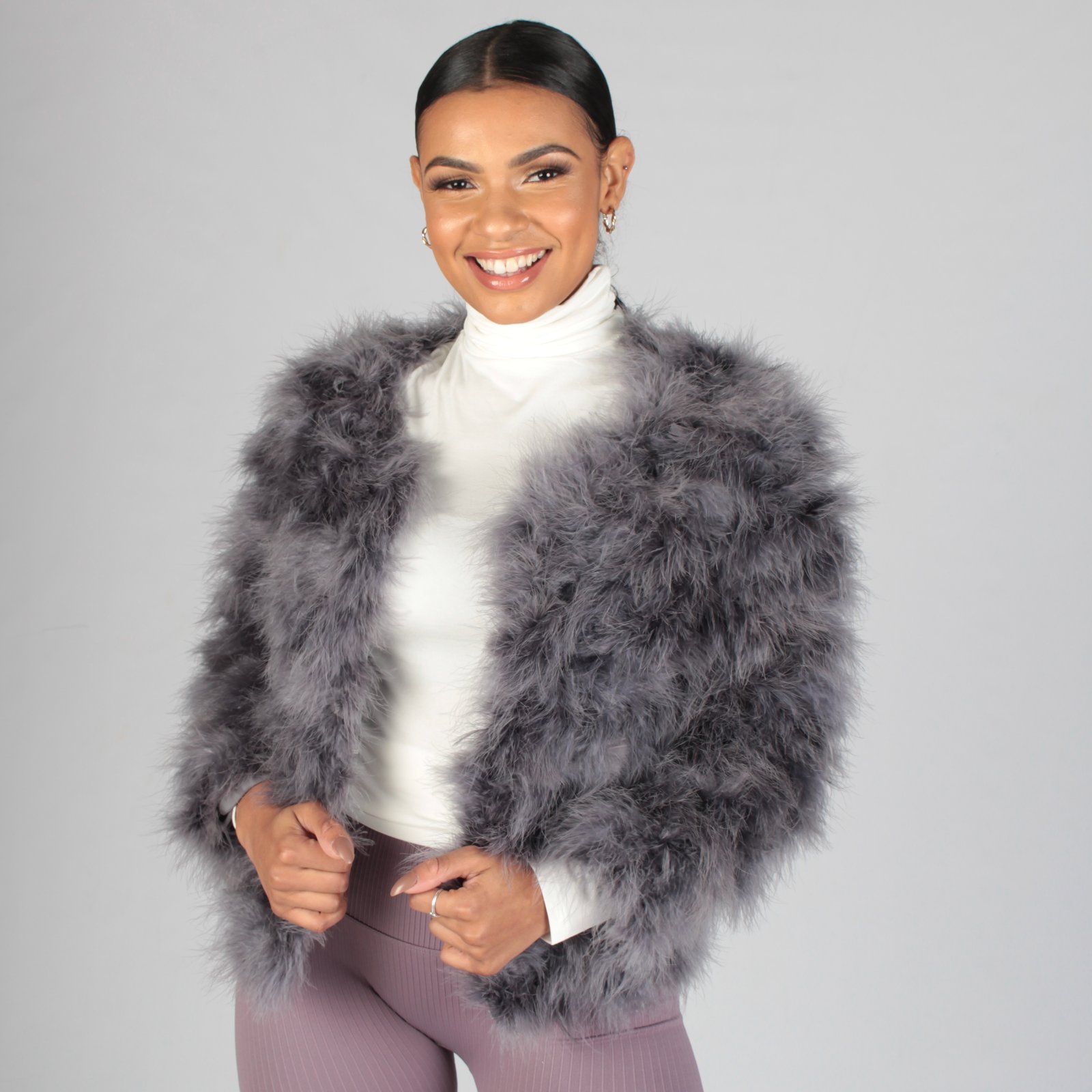 Lulu Turkey Feather Jacket Grey WAS 65 POMSKII Luxury Pom