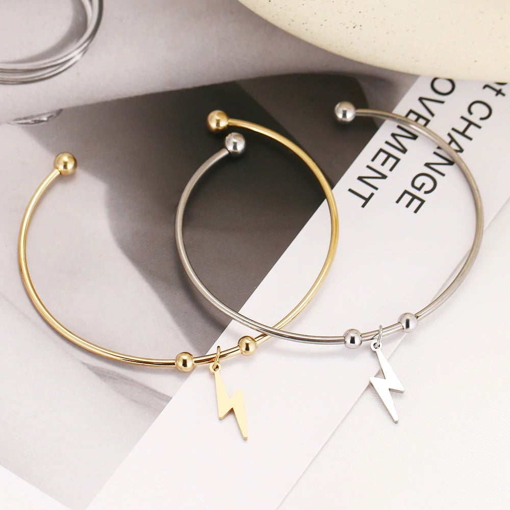 Lightning Bolt Pendant Open Bracelet (Stainless Steel)