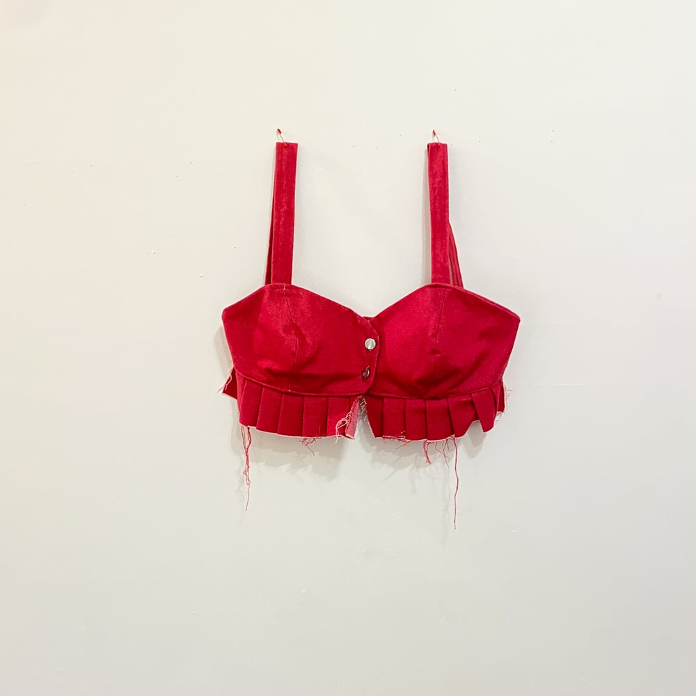 Red denim ruffle top / mask 