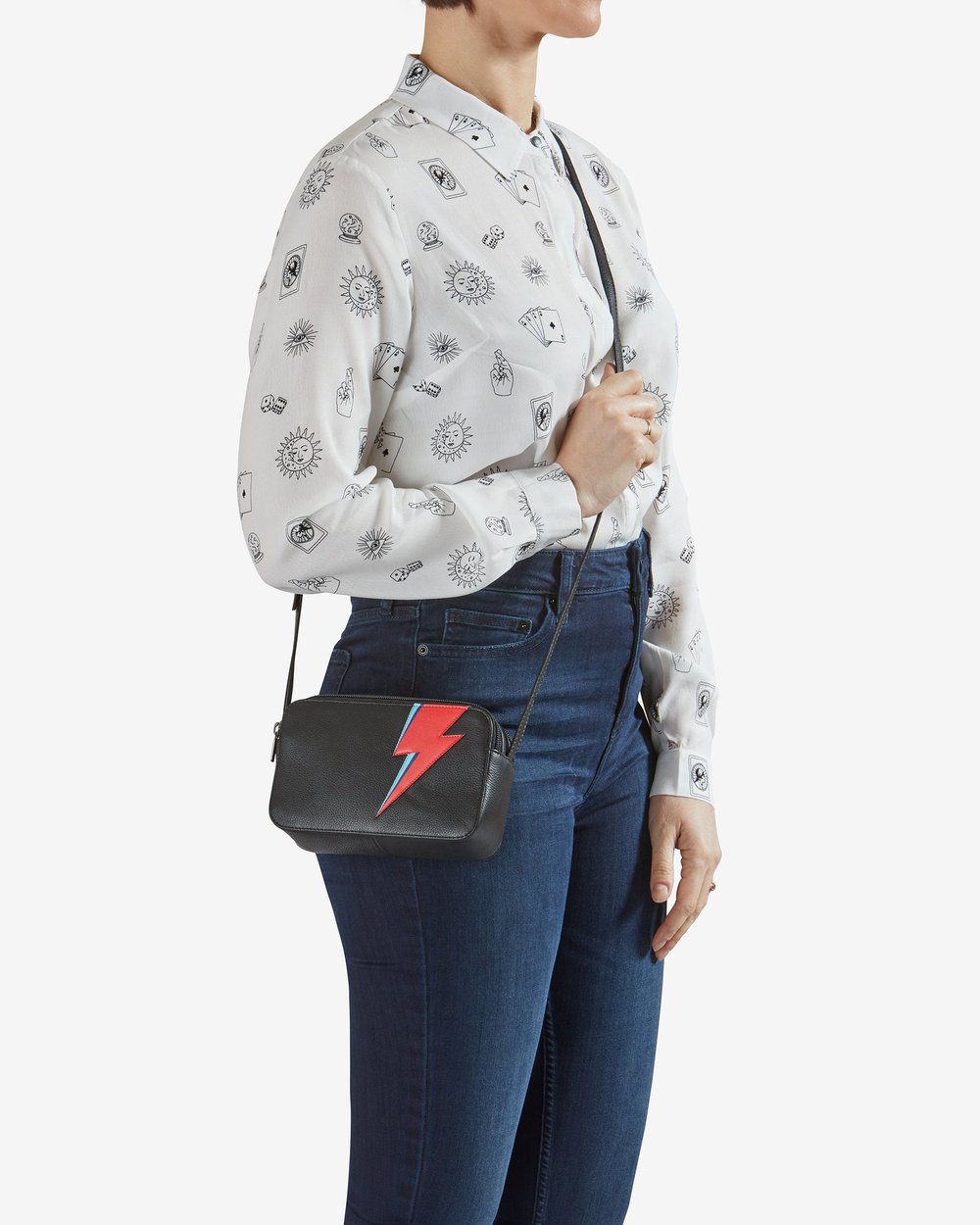 Lightning Bolt Black Leather Porter Cross Body Bag