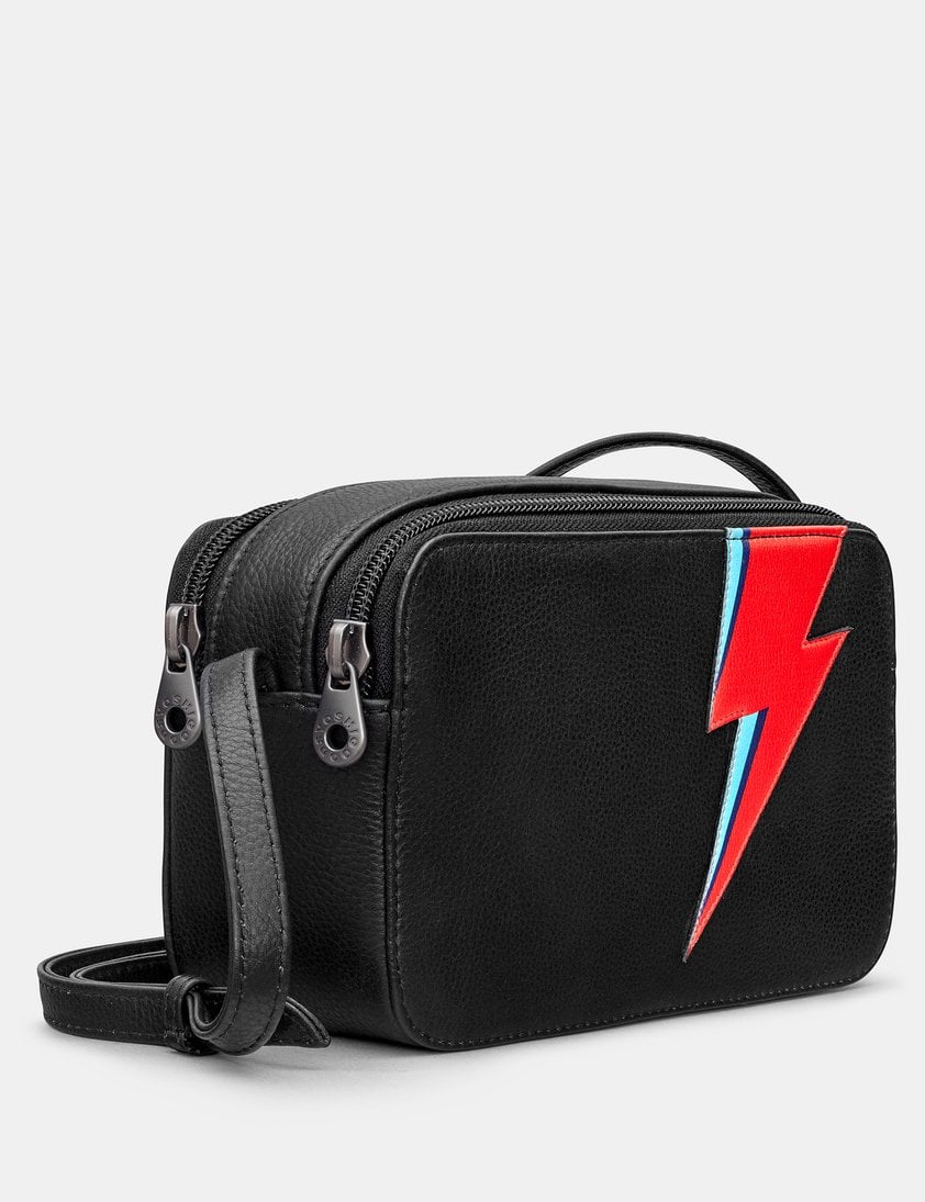 Lightning Bolt Black Leather Porter Cross Body Bag