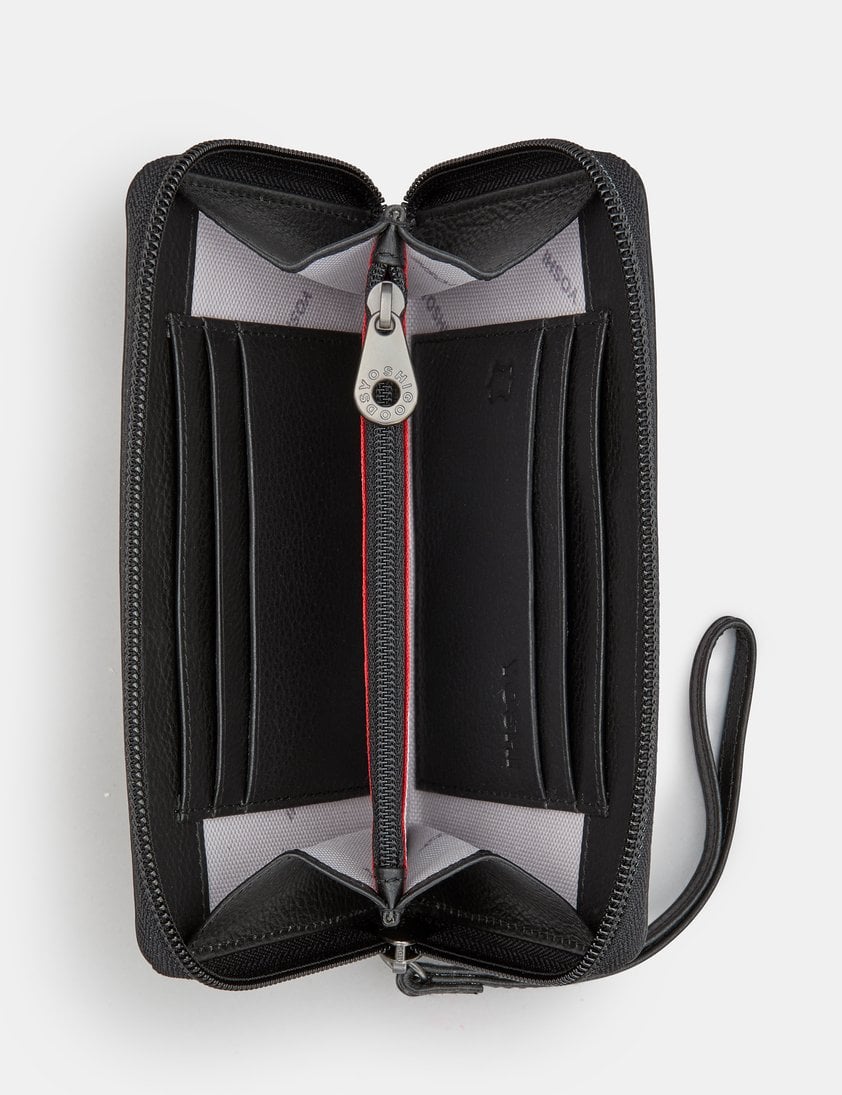 Lightning Bolt Black Zip Round Leather Purse With Wrist Strap