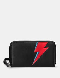 Image 1 of Lightning Bolt Black Zip Round Leather Purse With Wrist Strap