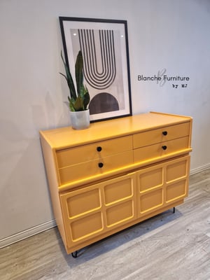 Image of Gorgeous Nathan Sideboard in a Marigold Orange on Black Hairpin legs with Matching handles