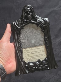Image 1 of Memento Mori collection 1800s Bible cut outs in a grim reaper frame - real preserved spider web