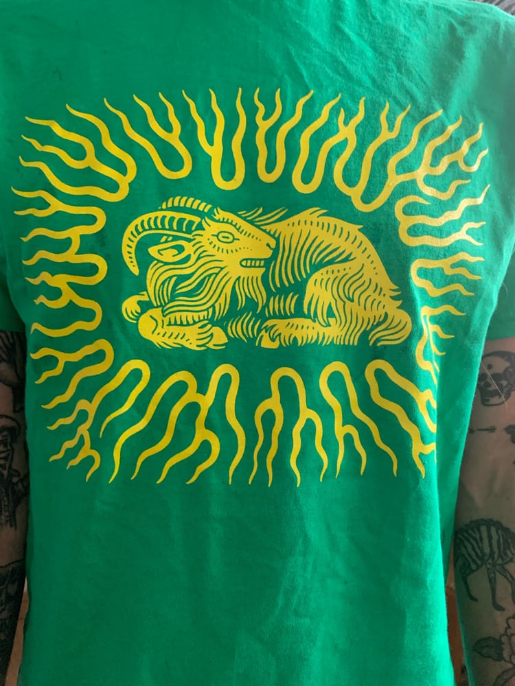 Image of Flaming Goat Yellow on Green