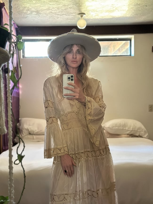 early 1970s Mexican pintucked fan sleeve cotton wedding maxi dress