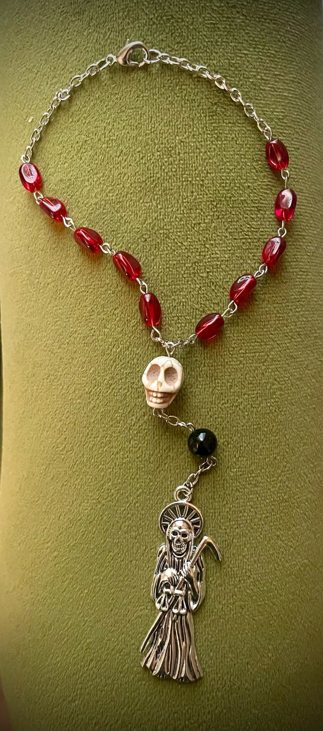 Santa Muerte Car Rosary - Red