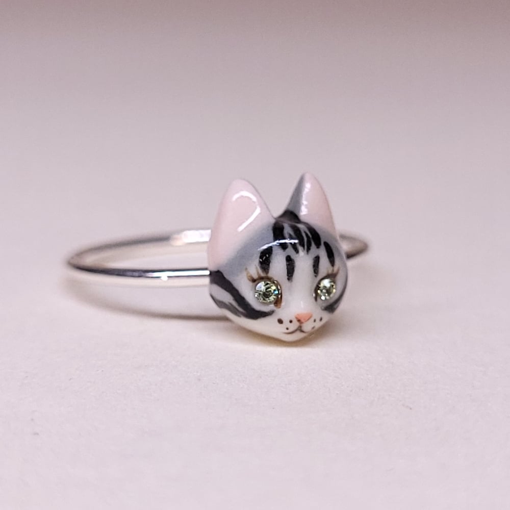 Image of Silver Tabby Porcelain & Sterling Silver Cat Ring