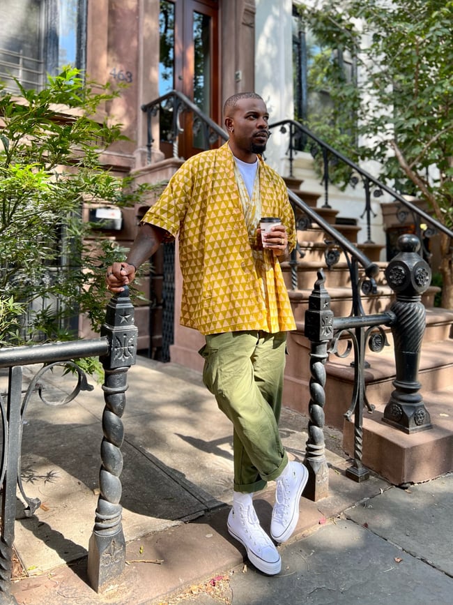 •Laaba• wrap jacket: hand - printed geo:  sun-dried palm + peach