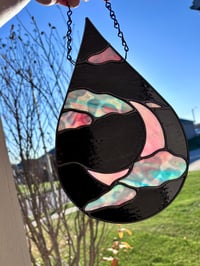 Image 1 of Celestial Stained-Glass Moon & Cloud Teardrop Panel - Opal Pink & Black Celestial Window Hanging