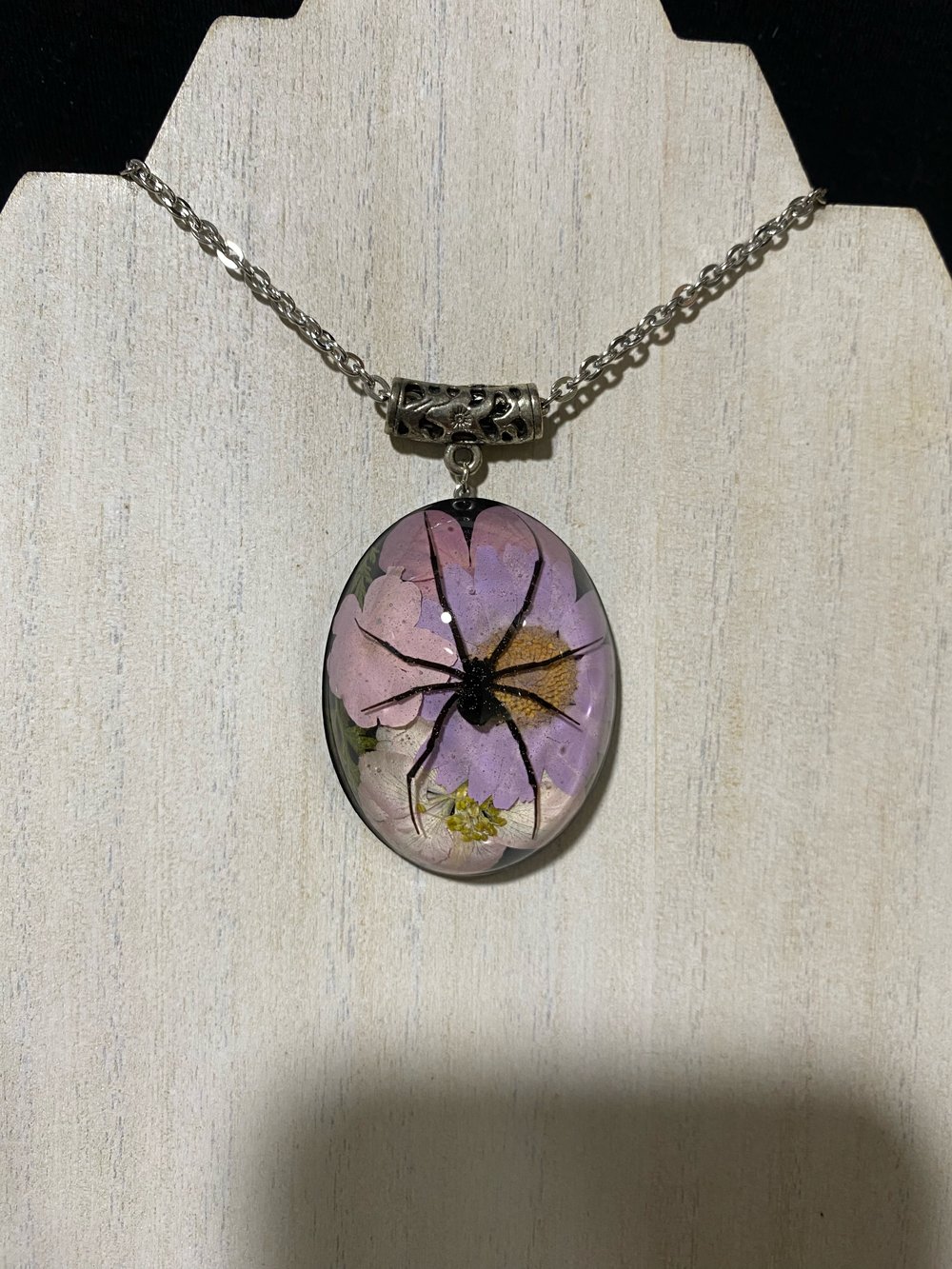 Lavender floral black widow pendant 