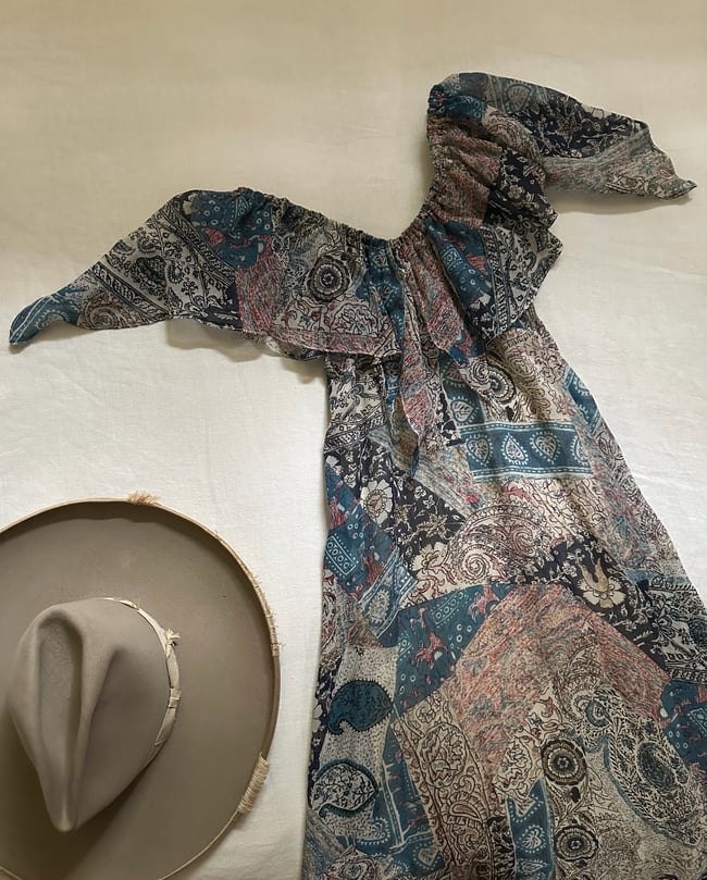 early 70s patchwork voile off shoulder flutter gown