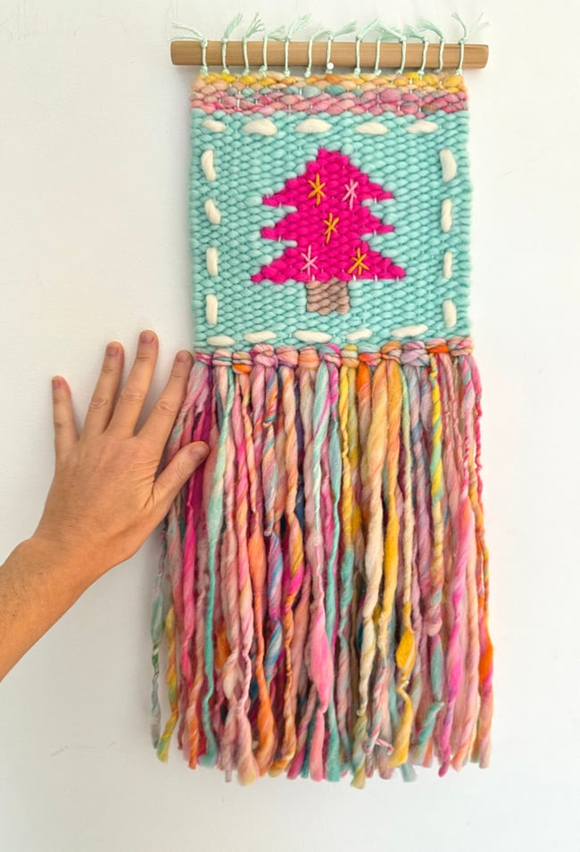 Pink Christmas tree & candy yarn. Woven wall hanging.