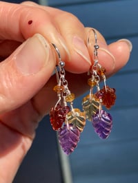Image 3 of Hessonite Garnet Earrings, Amethyst Earrings, Citrine Earrings Autumn Leaves Carved Gemsto Earrings